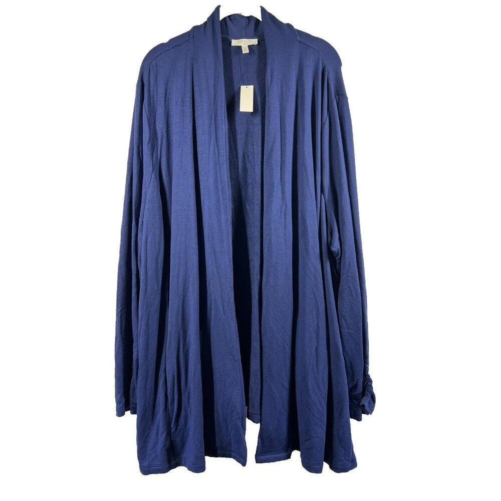 Talbots Woman Blue Open Front Jacket 3X Plus Soft Modal Spandex Pockets Ruched